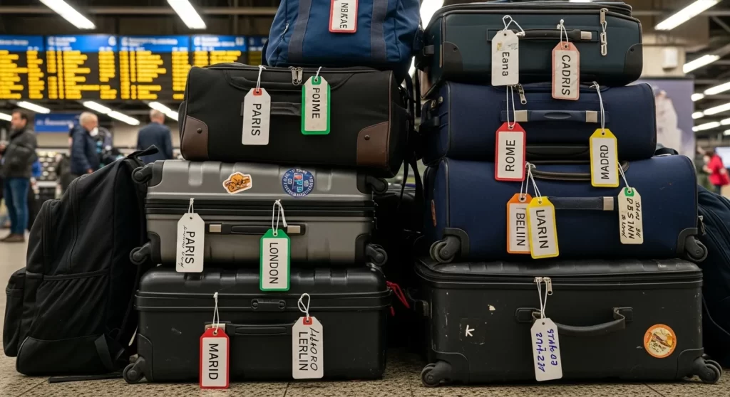 Equipaje etiquetado en terminal de buses para viaje internacional