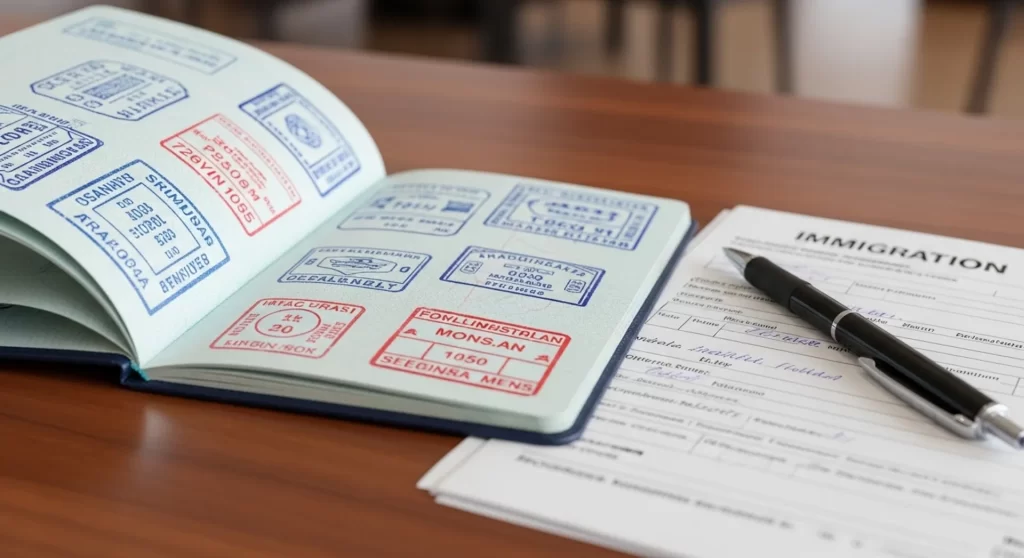 Pasaporte con sellos y formularios de migración listos para el cruce