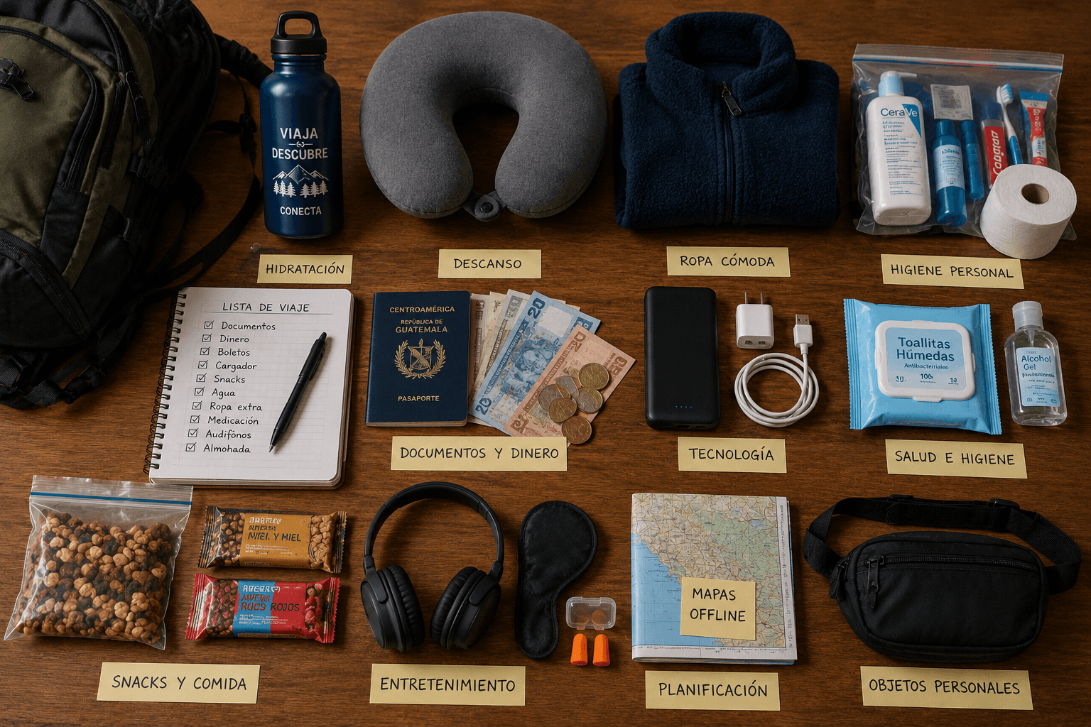 Artículos esenciales organizados para un viaje largo en autobús