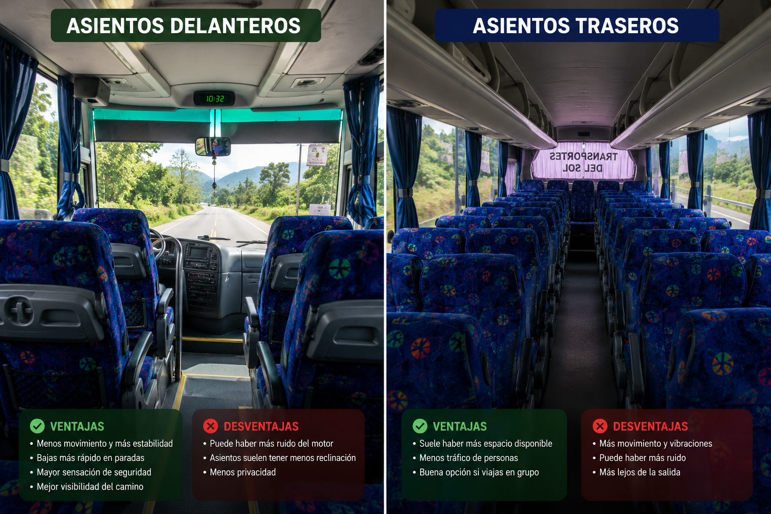 Comparación entre asientos delanteros y traseros en un autobús centroamericano