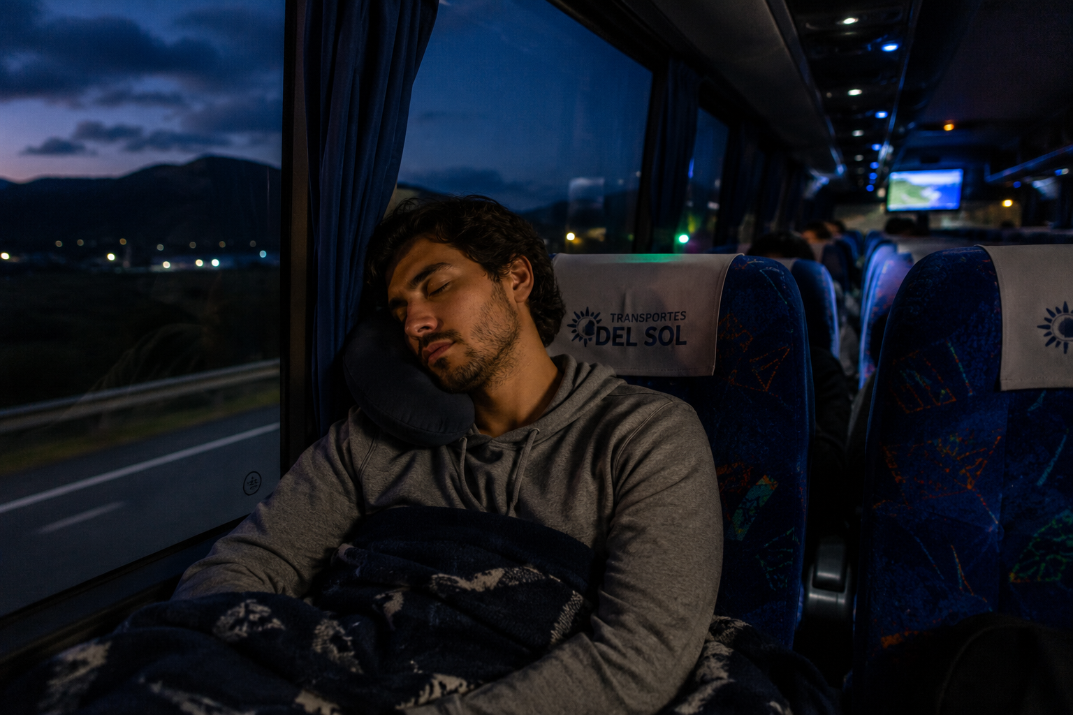 Pasajero descansando durante un viaje nocturno en autobús por Centroamérica