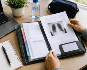Documentos médicos y evidencia organizada antes de la evaluación