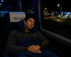 Pasajero descansando en un autobús nocturno