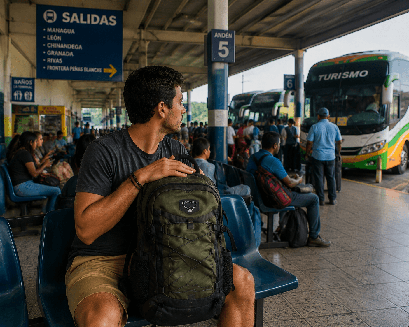 Viajero cuidando su mochila mientras espera en una terminal de bus