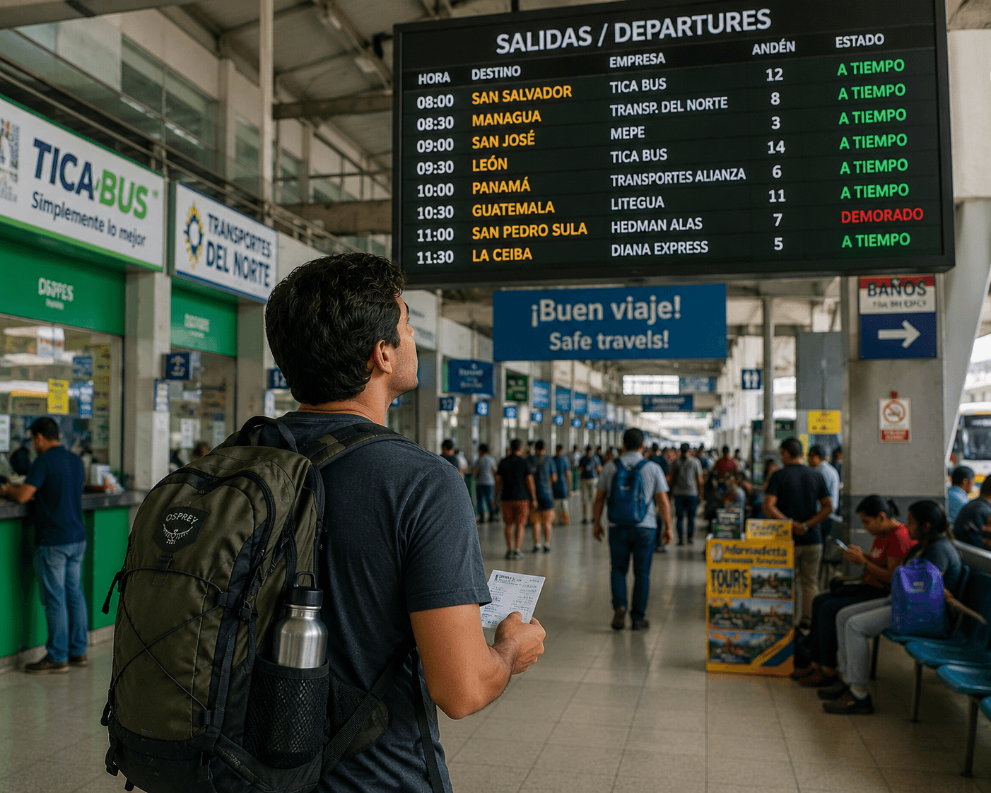 Viajero revisando señales de salida en una terminal de autobuses