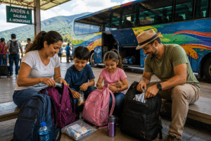 Familia organizando equipaje antes de viajar en autobús por Centroamérica