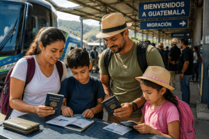 Familia organizando pasaportes y documentos antes de cruzar una frontera en bus