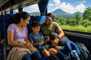 Prompt- Parents and child sitting comfortably inside a long-distance bus during a family trip in Central America