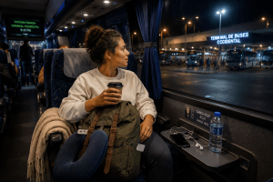 Viajero cuidando su mochila durante una espera en terminal de autobús