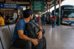 Viajero cuidando su mochila durante una espera en terminal de autobús