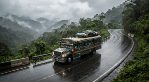 Autobús de larga distancia circulando por carretera lluviosa en Centroamérica