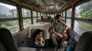 Dog resting comfortably inside a travel carrier next to owner on a long-distance bus
