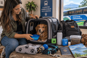 Pet owner preparing a dog carrier with water bowl and travel supplies before a bus trip
